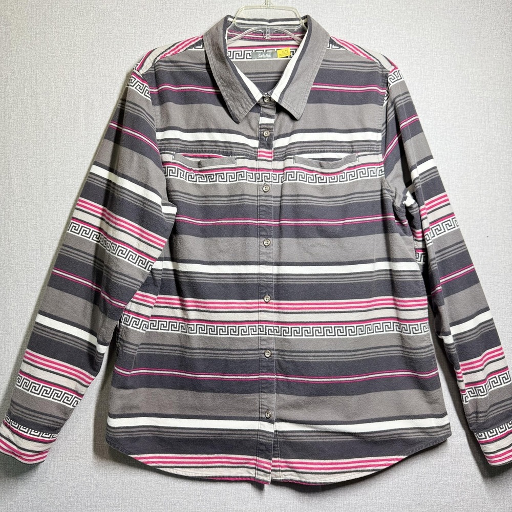 Cabelas Shirt Womens XL Gray Stripe Western Flannel Long Sleeve Button Up Casual